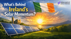 An illustration featuring an Irish flag flying over a landscape with solar panels in the foreground and a castle in the background, with text that reads, "What's Behind Ireland's Solar Momentum?" By Finulent Solutions.