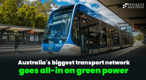 Image by Finulent Solutions featuring a modern electric metro bus at a station in Brisbane. Headline reads: “Australia’s biggest transport network does all-in on green power.” Highlights sustainable public transport and the shift toward renewable transit systems.