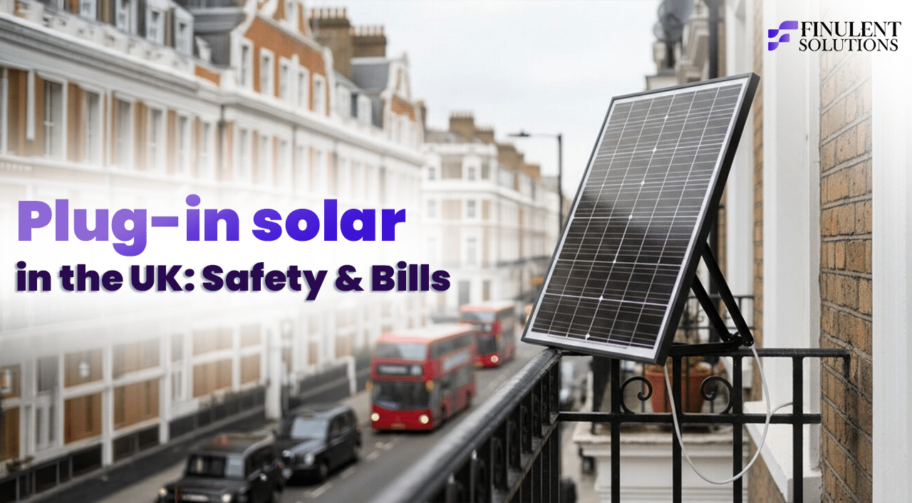 Blog banner by Finulent Solutions with the headline "Plug-in solar in the UK: Safety & Bills." The photo shows a small solar panel mounted on an iron balcony railing, overlooking a busy London street with red double-decker buses and black cabs passing by Georgian-style buildings.