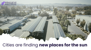 Aerial view of a parking lot with long solar panel canopies installed over rows of parked cars, surrounded by low-rise commercial buildings and trees, with the Finulent Solutions logo and the text “Cities are finding new places for the sun.