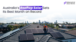 Residential rooftop solar installation in Australia showing a technician working on solar panels atop a suburban home, with a city skyline in the background and messaging highlighting record-breaking rooftop solar growth