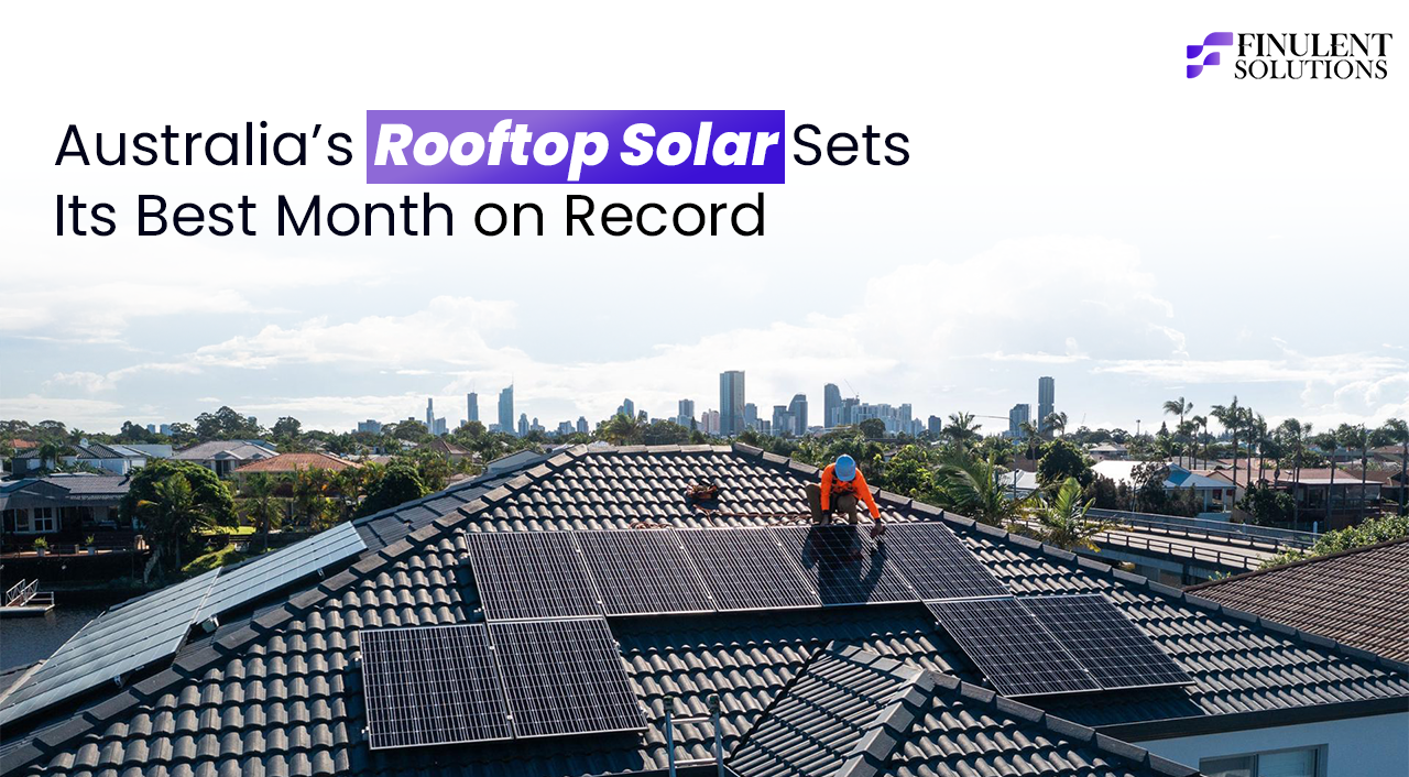 Residential rooftop solar installation in Australia showing a technician working on solar panels atop a suburban home, with a city skyline in the background and messaging highlighting record-breaking rooftop solar growth
