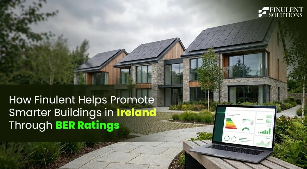 Modern residential buildings in Ireland with rooftop solar panels and landscaped surroundings, alongside a laptop displaying building energy performance charts and BER analytics, promoting smarter buildings and BER rating support services