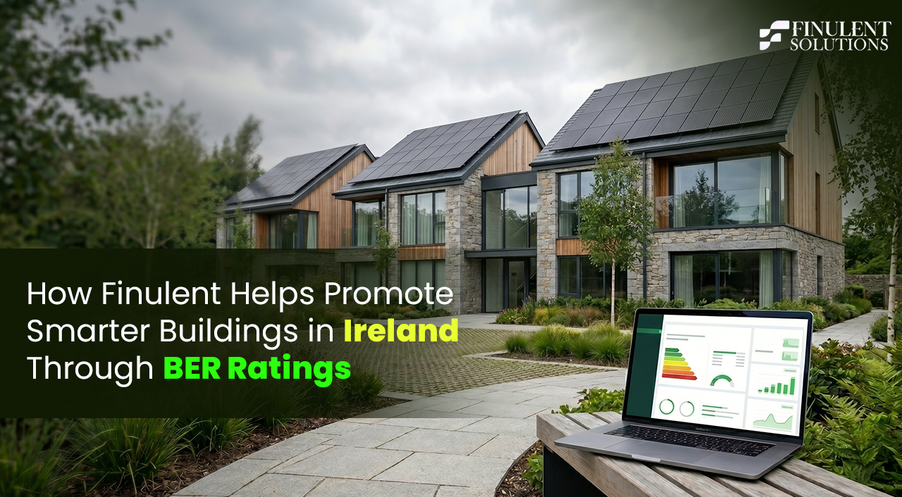 Modern residential buildings in Ireland with rooftop solar panels and landscaped surroundings, alongside a laptop displaying building energy performance charts and BER analytics, promoting smarter buildings and BER rating support services