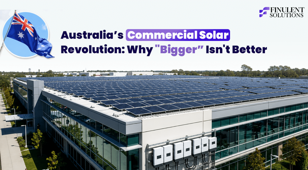 Featured graphic titled “Australia’s Commercial Solar Revolution: Why ‘Bigger’ Isn’t Better.” The image shows a large commercial office building with an expansive rooftop solar PV installation covering nearly the entire roof. Multiple string inverters are mounted along the building façade, highlighting the system’s electrical infrastructure. An Australian flag icon appears in the upper-left corner, with the Finulent Solutions logo in the upper-right. The visual introduces a discussion on optimizing commercial solar projects in Australia, emphasizing that smarter system design and engineering often deliver greater value than simply increasing system size.