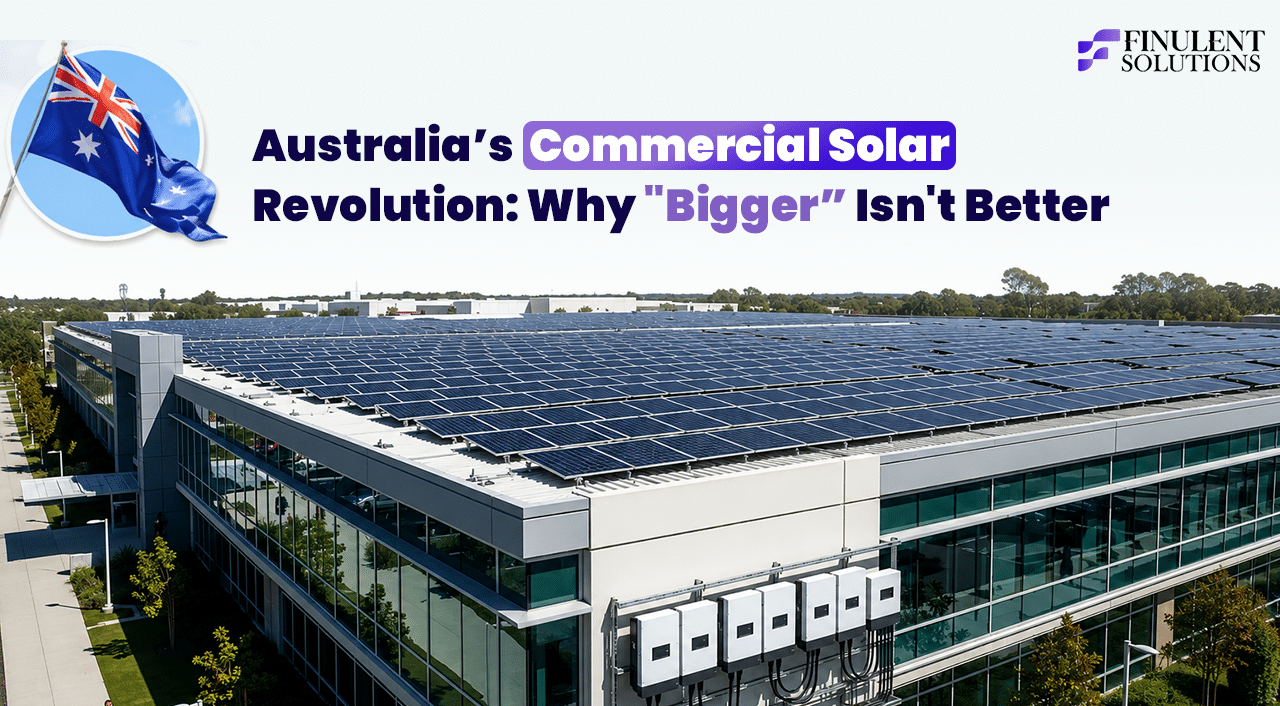 Featured graphic titled “Australia’s Commercial Solar Revolution: Why ‘Bigger’ Isn’t Better.” The image shows a large commercial office building with an expansive rooftop solar PV installation covering nearly the entire roof. Multiple string inverters are mounted along the building façade, highlighting the system’s electrical infrastructure. An Australian flag icon appears in the upper-left corner, with the Finulent Solutions logo in the upper-right. The visual introduces a discussion on optimizing commercial solar projects in Australia, emphasizing that smarter system design and engineering often deliver greater value than simply increasing system size.