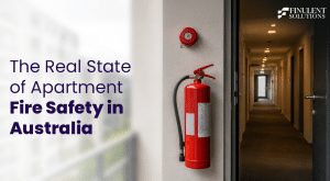 A red fire extinguisher and wall-mounted fire alarm are installed in the corridor of a modern apartment building. Overlaid text reads, “The Real State of Apartment Fire Safety in Australia,” with the Finulent Solutions logo in the top-right corner. The hallway extends into the distance with apartment doors and warm ceiling lighting.