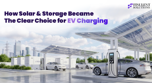 EV charging hub powered by solar canopies and battery energy storage systems, featuring multiple electric vehicles charging beneath rooftop solar arrays, with grid infrastructure and a city skyline in the background. The image highlights the integration of solar and storage as a reliable solution for EV charging
