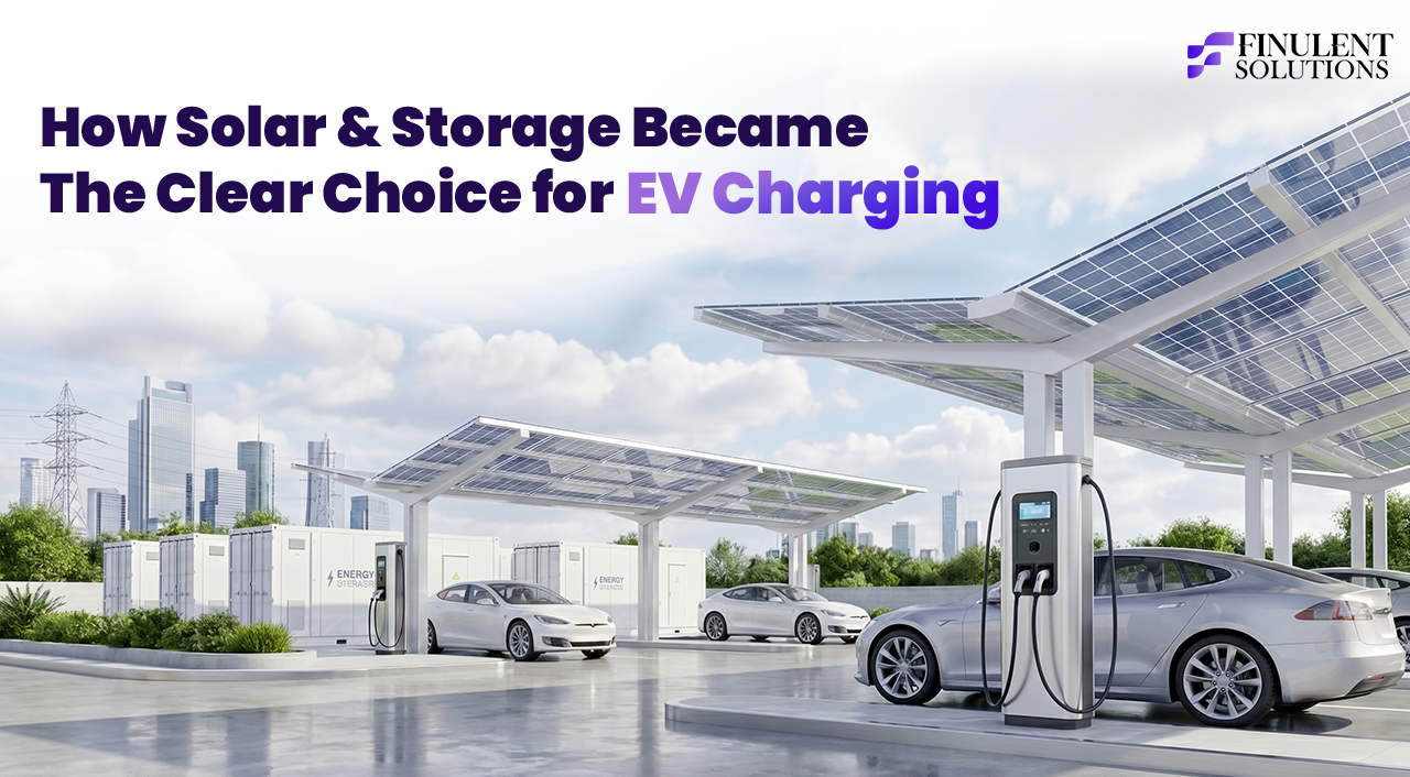 EV charging hub powered by solar canopies and battery energy storage systems, featuring multiple electric vehicles charging beneath rooftop solar arrays, with grid infrastructure and a city skyline in the background. The image highlights the integration of solar and storage as a reliable solution for EV charging