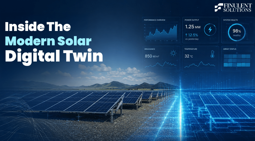 A promotional graphic titled "Inside the Modern Solar Digital Twin" by Finulent Solutions. The image features a large ground-mounted solar farm with a digital overlay illustrating a virtual twin of the PV array. Floating dashboard panels display live operational metrics, including power output, irradiance, temperature, system health, array status, and performance trends, highlighting real-time monitoring, analytics, and asset optimization through digital twin technology.
