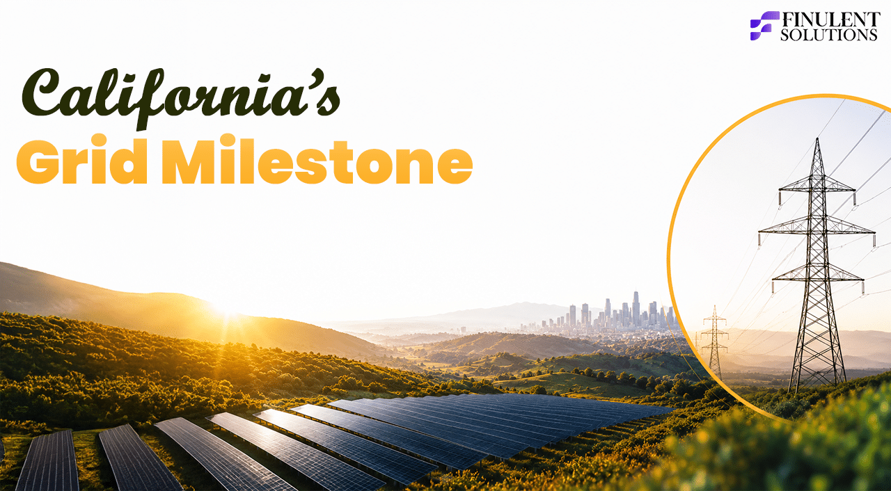 Banner graphic titled "California's Grid Milestone" featuring a large utility-scale solar farm at sunrise with rolling green hills and a distant city skyline. A circular inset highlights a high-voltage transmission tower, emphasizing grid infrastructure and renewable energy integration. Finulent Solutions branding appears in the top-right corner.