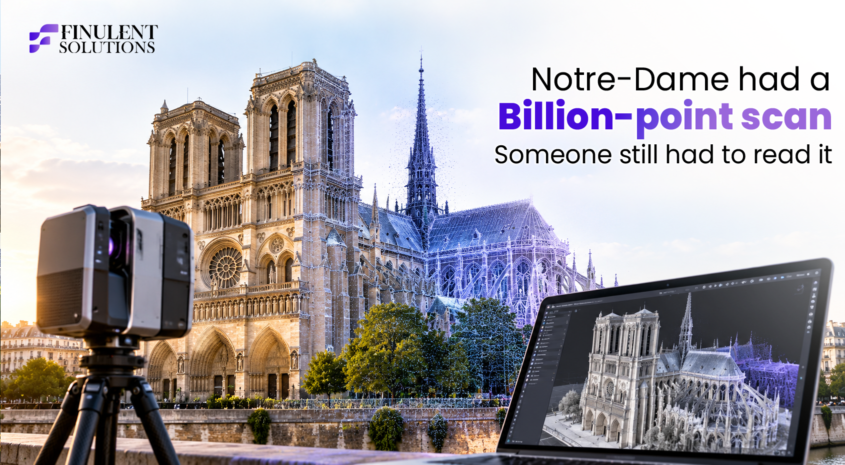 Laser scanner and Notre-Dame point cloud scan on a laptop
